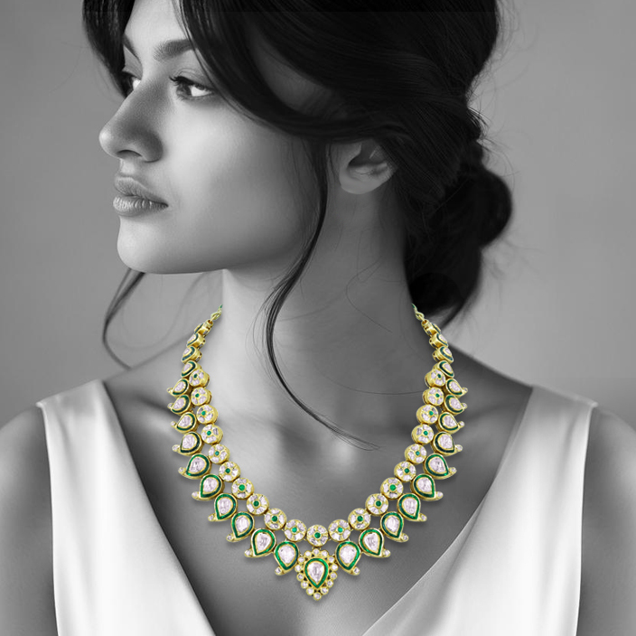 Green Enamel Polki Necklace with Bud Design